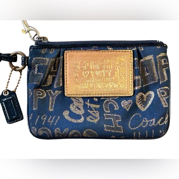 Coach Poppy Graffiti Navy Blue Gold Wristlet 
Change Purse Small Bag Strap - Picture 2 of 8